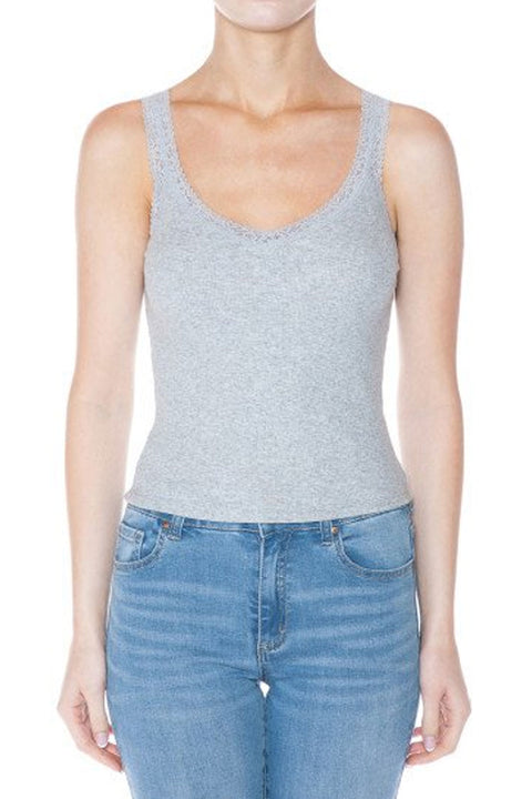 2000s Essential Ribbed V-Neck Lace Trimmed Tank Top