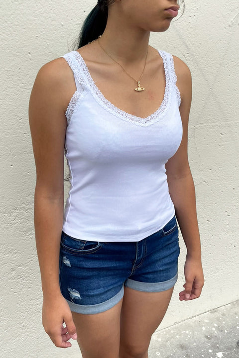 2000s Essential Ribbed V-Neck Lace Trimmed Tank Top
