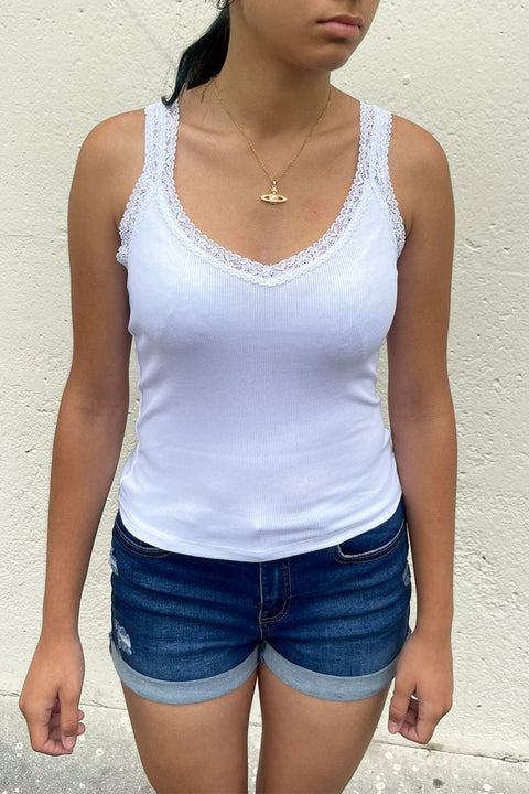 2000s Essential Ribbed V-Neck Lace Trimmed Tank Top