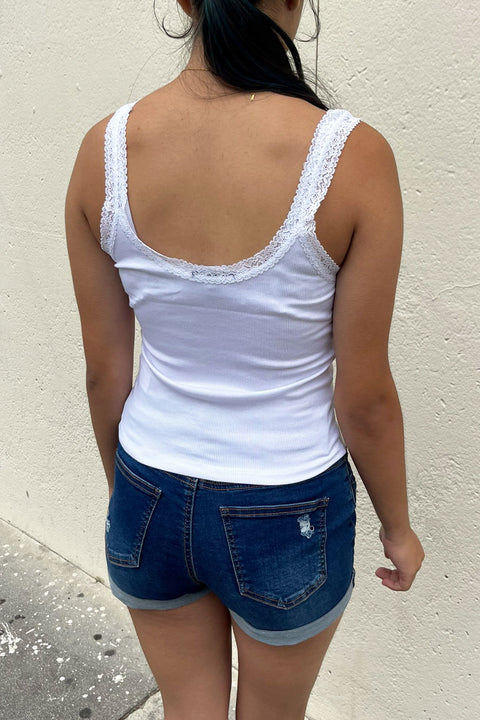 2000s Essential Ribbed V-Neck Lace Trimmed Tank Top