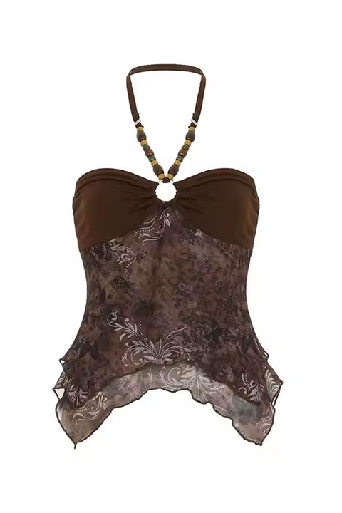 2000s Retro O-Ring Bandeau Halter Top with Beaded Spaghetti Strings