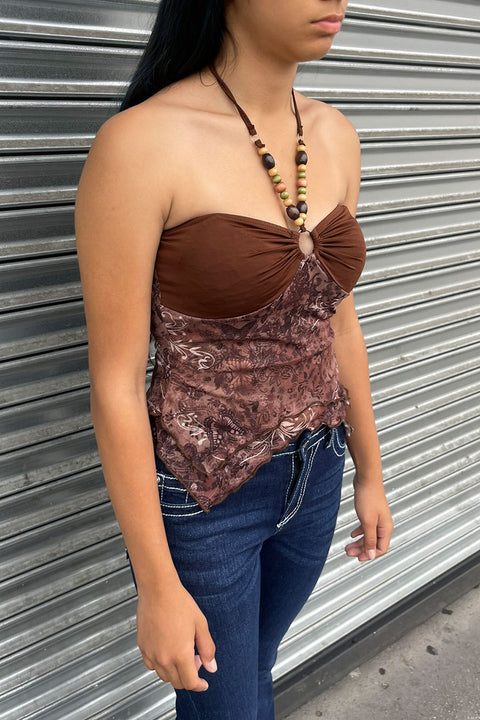 2000s Retro O-Ring Bandeau Halter Top with Beaded Spaghetti Strings