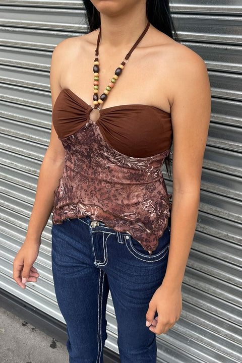 2000s Retro O-Ring Bandeau Halter Top with Beaded Spaghetti Strings