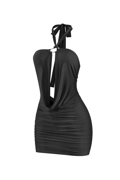 Tresser™ 2000s Retro Sleeveless O-Ring Cowl Halter Neck Mini Dress