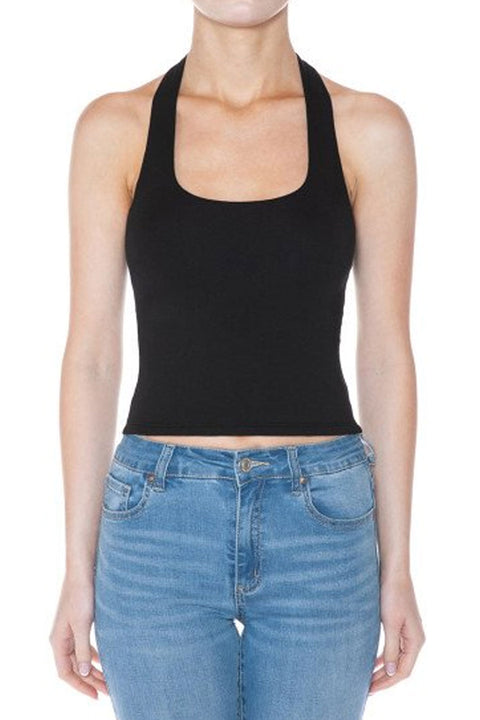 Basic Cotton Blend Double-Layer Square Neck Halter Top