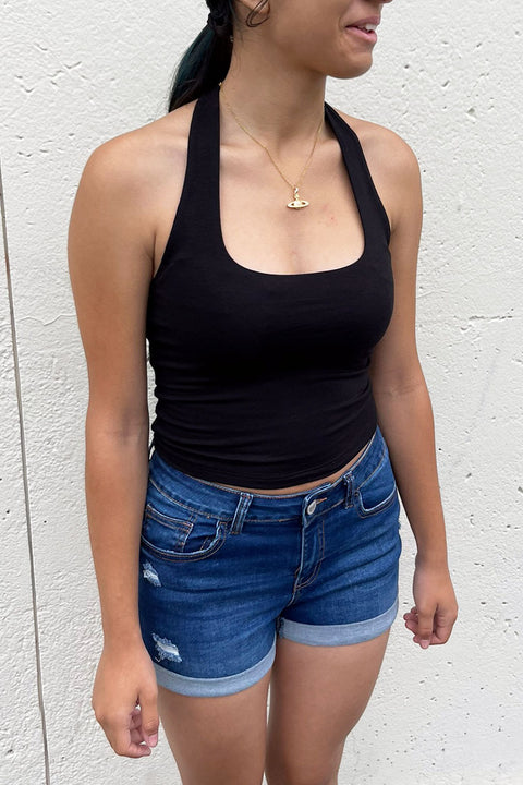 Basic Cotton Blend Double-Layer Square Neck Halter Top