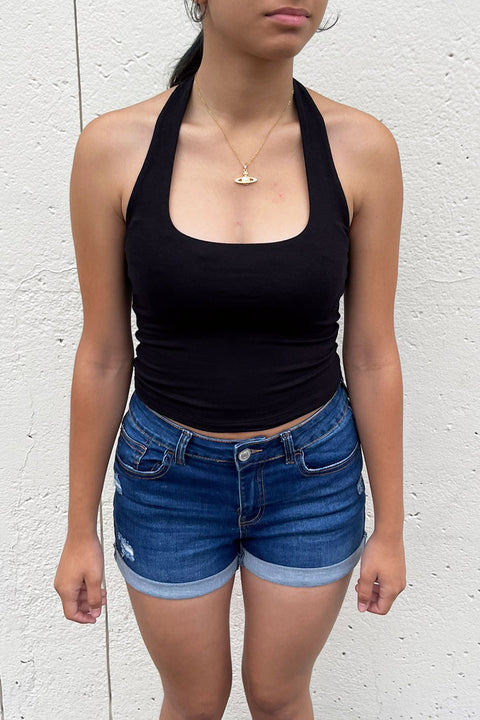 Basic Cotton Blend Double-Layer Square Neck Halter Top