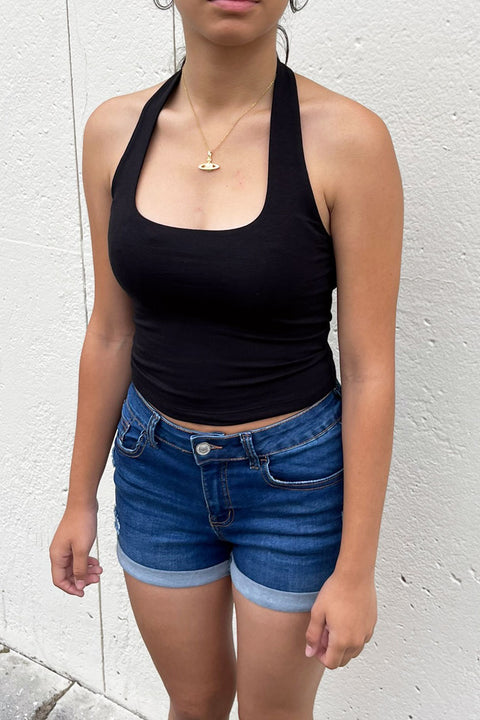 Basic Cotton Blend Double-Layer Square Neck Halter Top