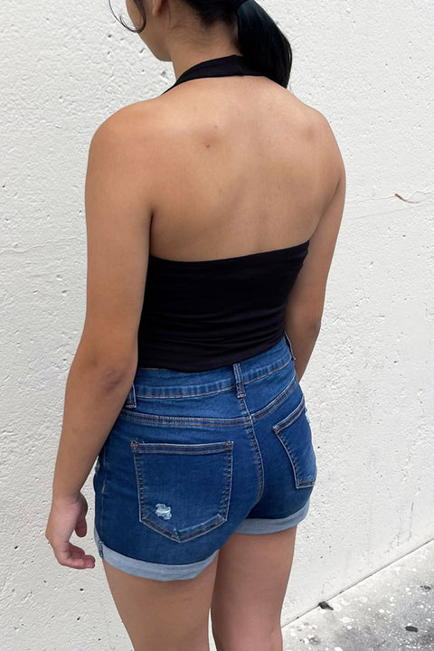 Basic Cotton Blend Double-Layer Square Neck Halter Top