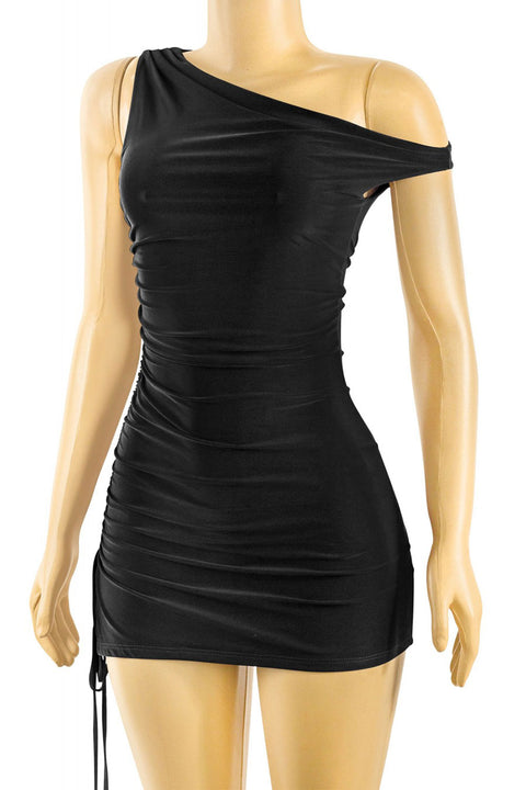 Tresser™ Asymmetrical Off Shoulder Ruched Side Ties Mini Dress