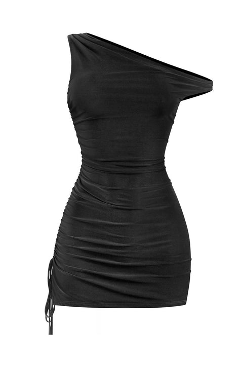 Tresser™ Asymmetrical Off Shoulder Ruched Side Ties Mini Dress