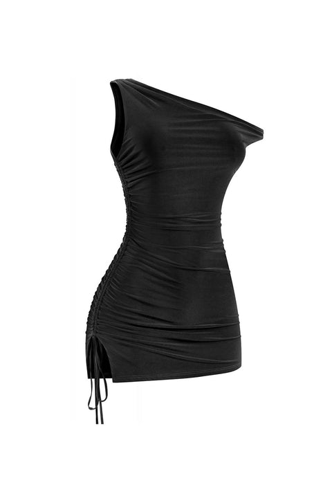 Tresser™ Asymmetrical Off Shoulder Ruched Side Ties Mini Dress