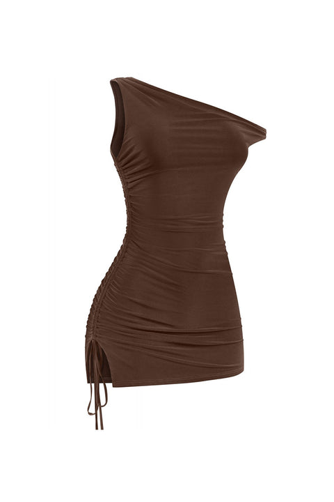 Tresser™ Asymmetrical Off Shoulder Ruched Side Ties Mini Dress