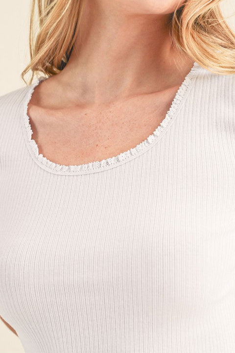 Basic Multi Rib Lettuce Edge Scoop Neck Short Sleeve Top