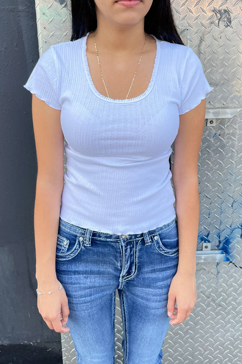 Basic Multi Rib Lettuce Edge Scoop Neck Short Sleeve Top