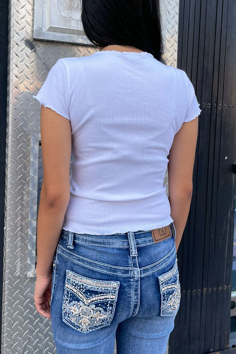 Basic Multi Rib Lettuce Edge Scoop Neck Short Sleeve Top