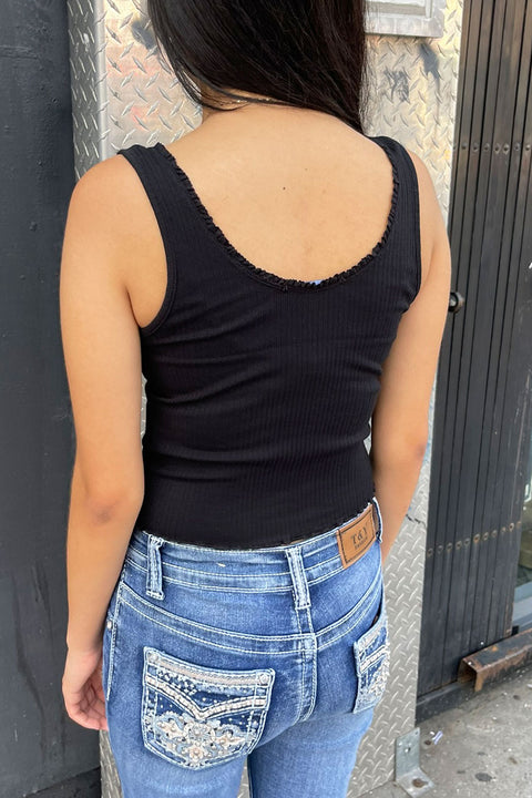 Basic Multi Rib Lettuce Edge Scoop Neck Sleeveless Tank Top