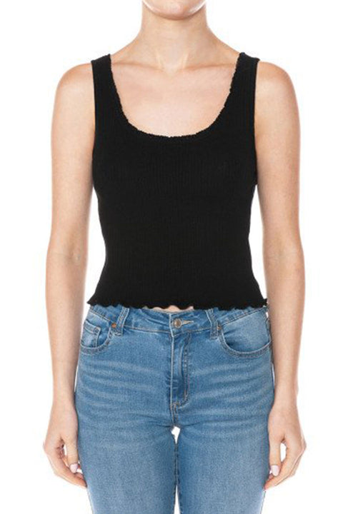 Basic Multi Rib Lettuce Edge Scoop Neck Sleeveless Tank Top