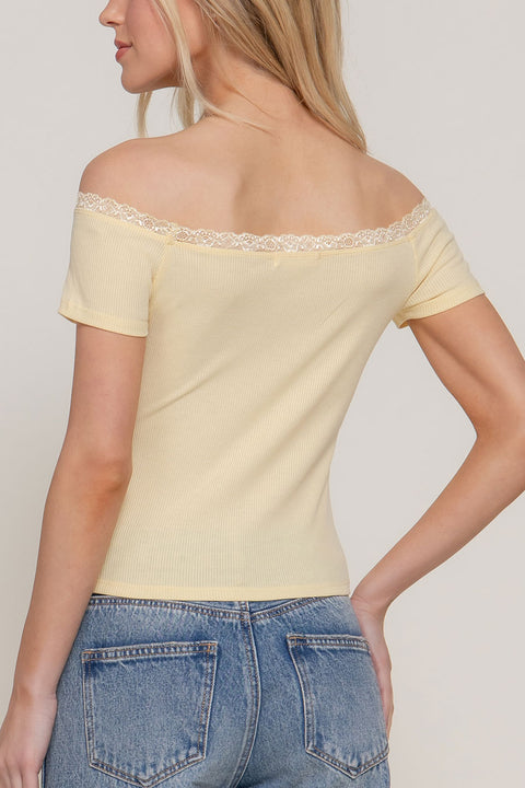 Off Shoulder Lace Trim Rib Knit Top