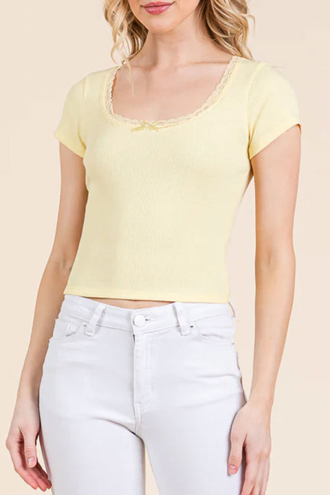 Coquette Scoop Neck Lace Bow Short Sleeve Top