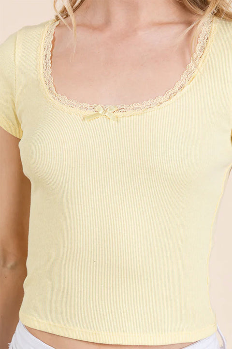 Coquette Scoop Neck Lace Bow Short Sleeve Top