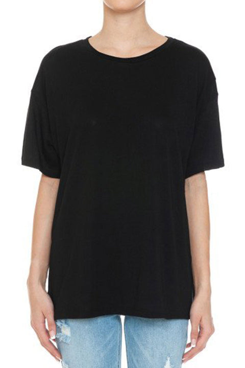 Basic Oversized Round Neck Drop Shoulder Short Sleeve T-Shirt with Side Slit