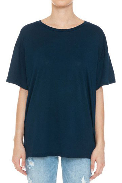 Basic Oversized Round Neck Drop Shoulder Short Sleeve T-Shirt with Side Slit
