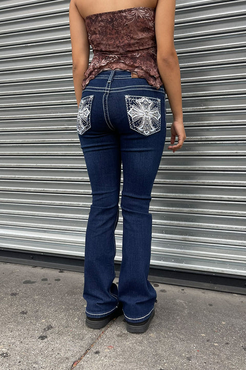2000s Style Cross Patch Rhinestone Bling Back Pocket Bootcut Jean with Good Stretch