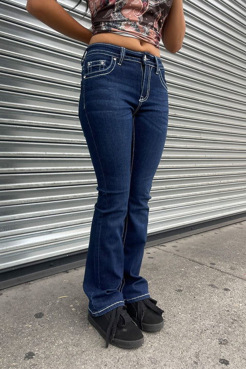2000s Style Cross Patch Rhinestone Bling Back Pocket Bootcut Jean with Good Stretch