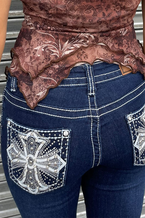 2000s Style Cross Patch Rhinestone Bling Back Pocket Bootcut Jean with Good Stretch