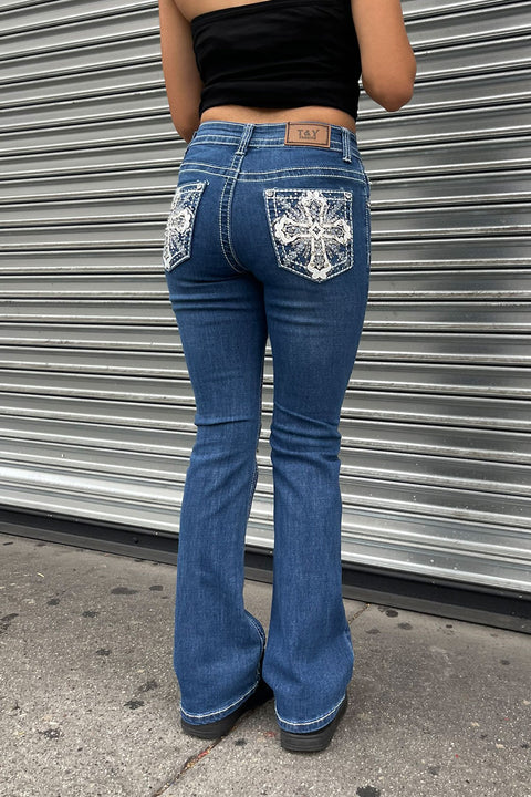 2000s Style Cross Patch Rhinestone Bling Back Pocket Bootcut Jean with Good Stretch