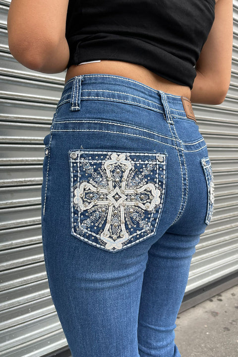 2000s Style Cross Patch Rhinestone Bling Back Pocket Bootcut Jean with Good Stretch