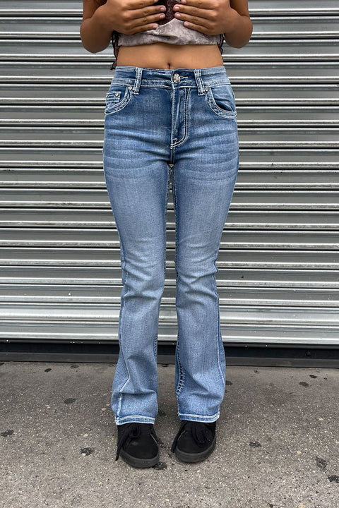 2000s Style Sand-Washed Cross Patch Rhinestone Bling Back Pocket Bootcut Jean with Good Stretch