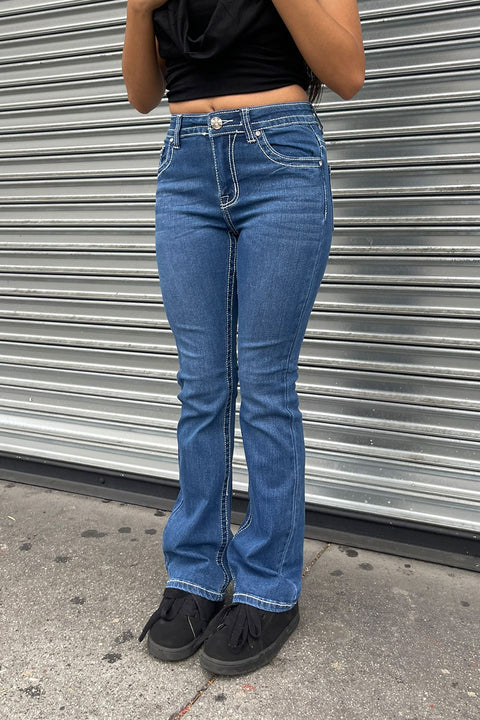 2000s Style Cross Patch Rhinestone Bling Back Pocket Bootcut Jean with Good Stretch