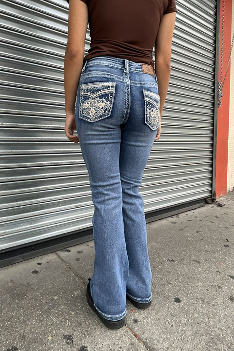 2000s Style Sand-Washed Faux Pocket & Cross Rhinestone Bling Back Pocket Bootcut Jean with Good Stretch