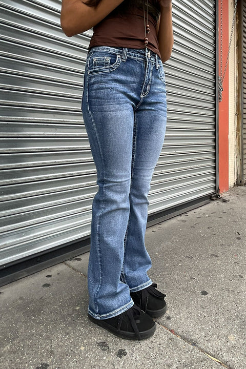 2000s Style Sand-Washed Faux Pocket & Cross Rhinestone Bling Back Pocket Bootcut Jean with Good Stretch