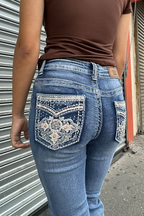 2000s Style Sand-Washed Faux Pocket & Cross Rhinestone Bling Back Pocket Bootcut Jean with Good Stretch