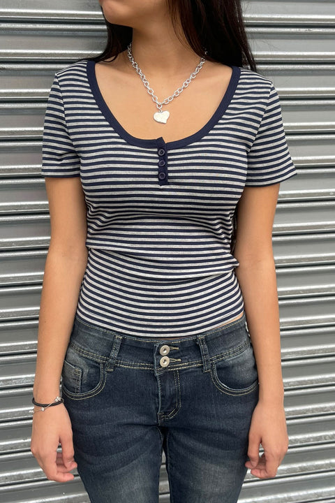 Y2K Button-Front Henley Neck Striped Short Sleeve Crop Shirt