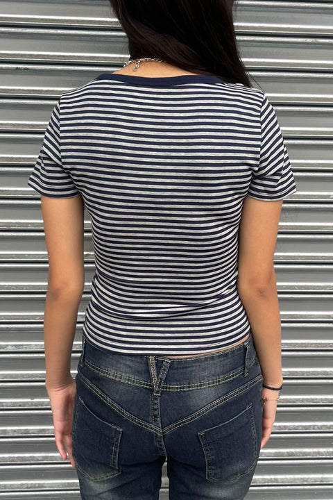 Y2K Button-Front Henley Neck Striped Short Sleeve Crop Shirt