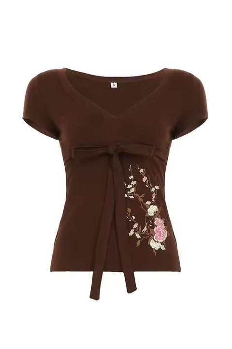 2000s Retro V-Neck Short Sleeve Top with Embroidered Floral Detail and Tie Front