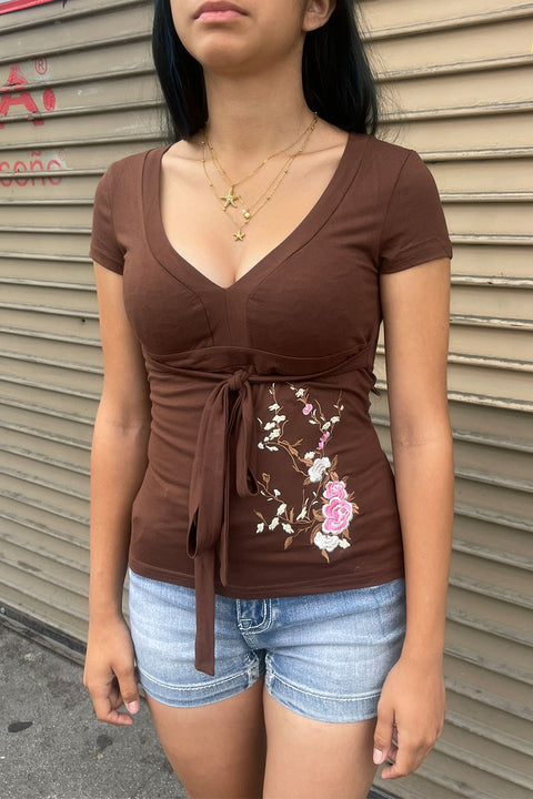 2000s Retro V-Neck Short Sleeve Top with Embroidered Floral Detail and Tie Front