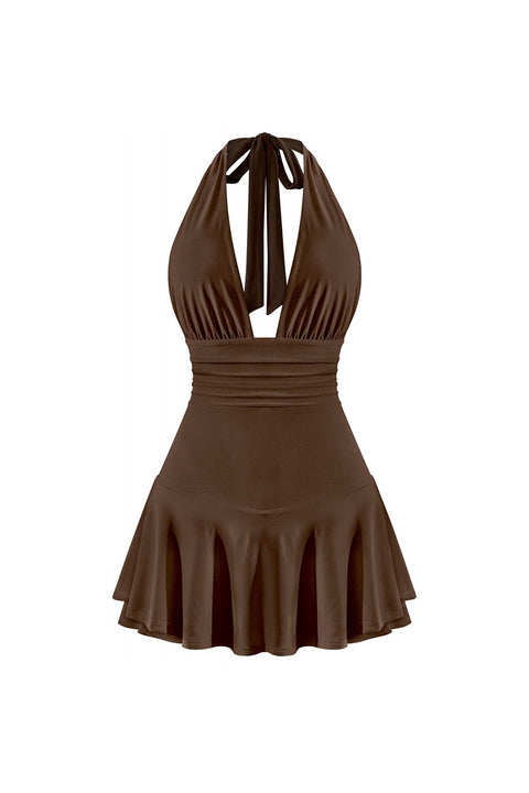 Tresser™ Sleeveless Open Back Halter Ruffled Dress with Inner Shorts