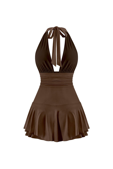 Tresser™ Sleeveless Open Back Halter Ruffled Dress with Inner Shorts