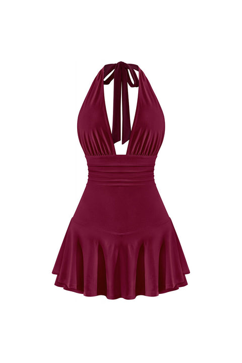 Tresser™ Sleeveless Open Back Halter Ruffled Dress with Inner Shorts