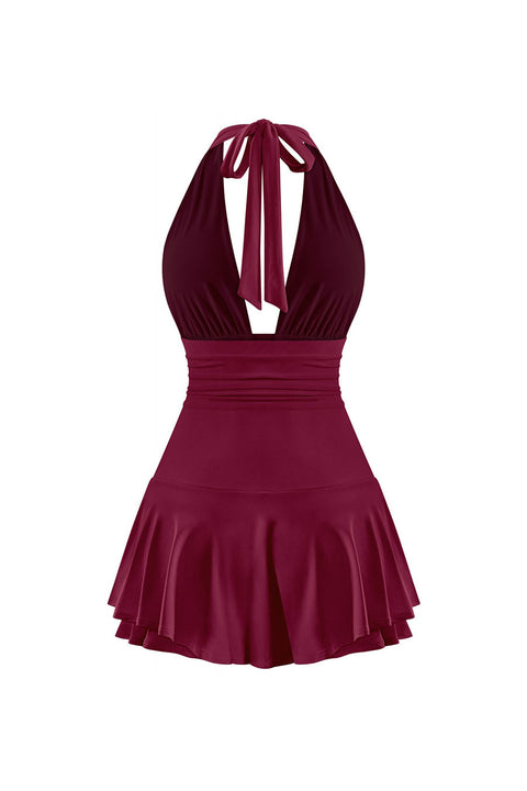 Tresser™ Sleeveless Open Back Halter Ruffled Dress with Inner Shorts