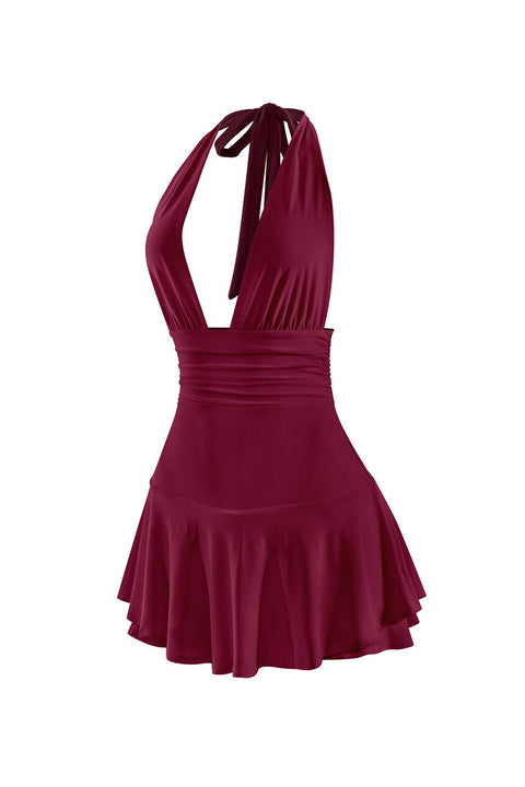 Tresser™ Sleeveless Open Back Halter Ruffled Dress with Inner Shorts