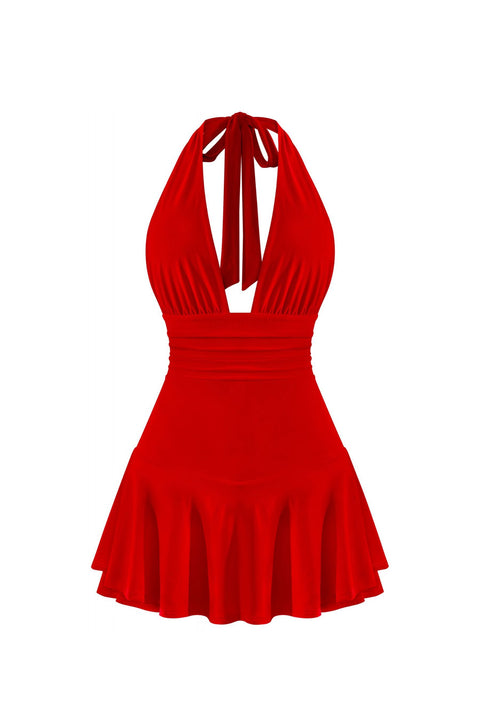Tresser™ Sleeveless Open Back Halter Ruffled Dress with Inner Shorts