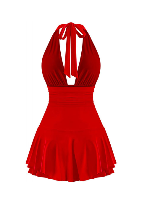 Tresser™ Sleeveless Open Back Halter Ruffled Dress with Inner Shorts