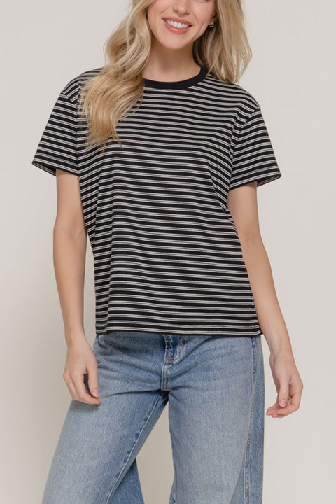 Basic Short Sleeve Round Neck Yarn-Dyed Stripe Cotton Tee