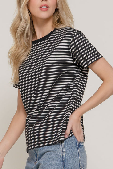 Basic Short Sleeve Round Neck Yarn-Dyed Stripe Cotton Tee